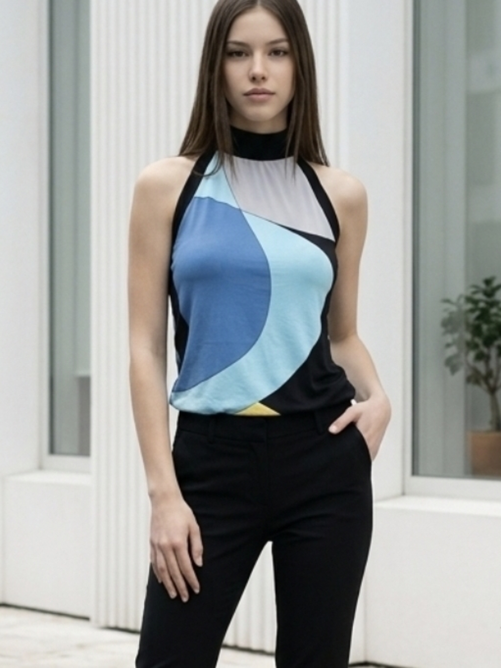 Y2K Vintage Sleeveless Colorblock Halter Top - Blue/Black